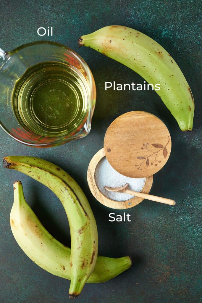 Ingredients needed to make fried green plantains (tostones) (patacones)
