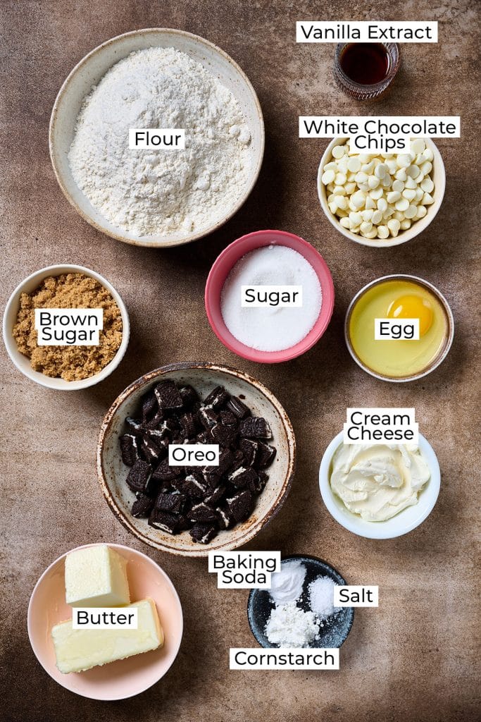 Ingredients to make cookies n cream cookies with Oreo cookie chunks