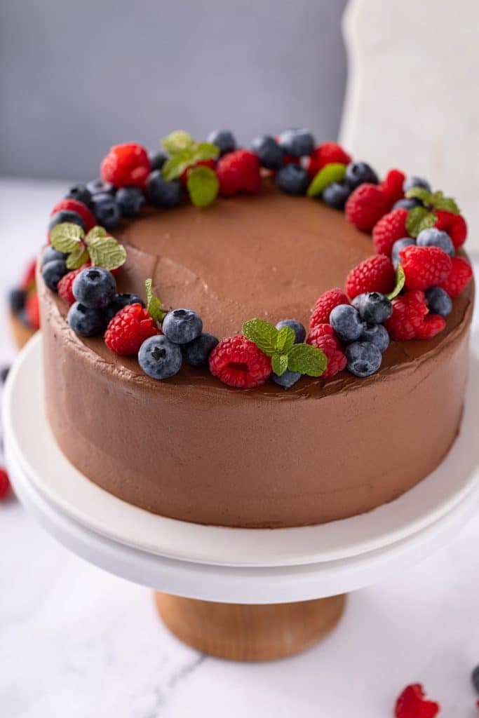 chocolate cake on a cake stand