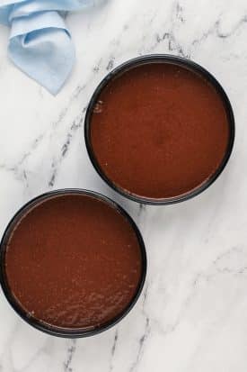 two cake pans filled with chocolate batter
