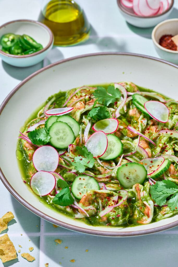 A bowl filled with shrimp aguachile verde