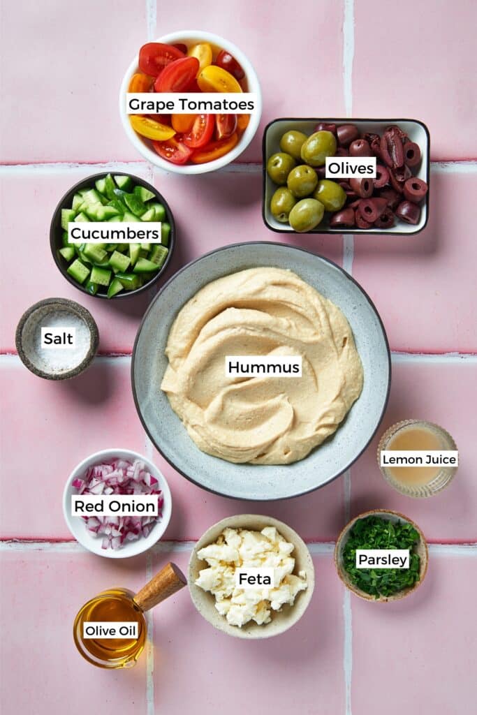 Ingredients to make loaded hummus dip