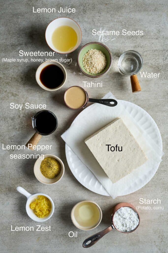 Ingredients to make crispy lemon pepper tofu.