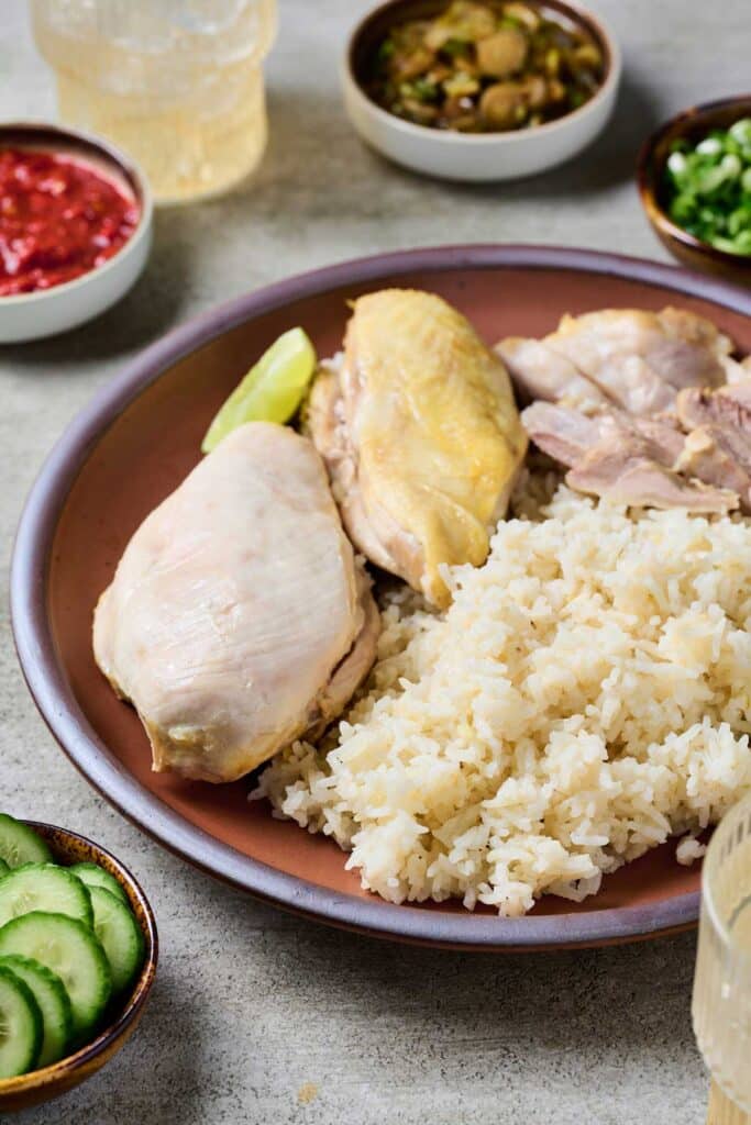 Tender poached chicken served with jasmine rice