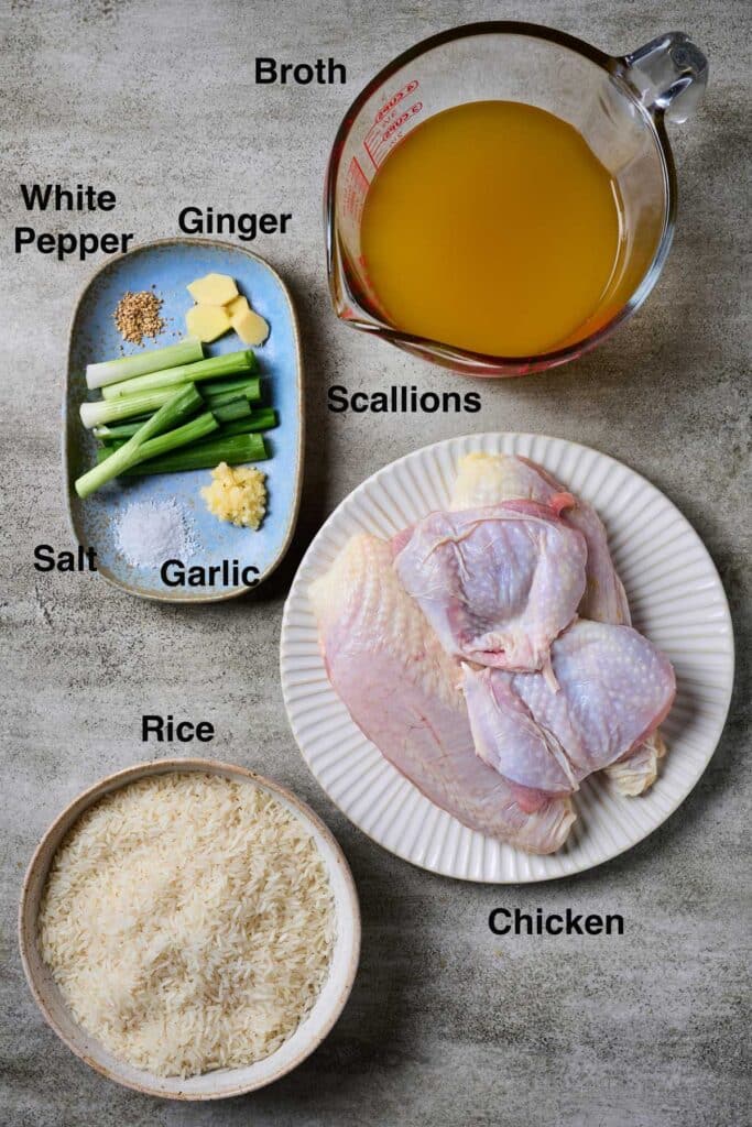 Ingredients to make Hainanese chicken and rice in a rice cooker