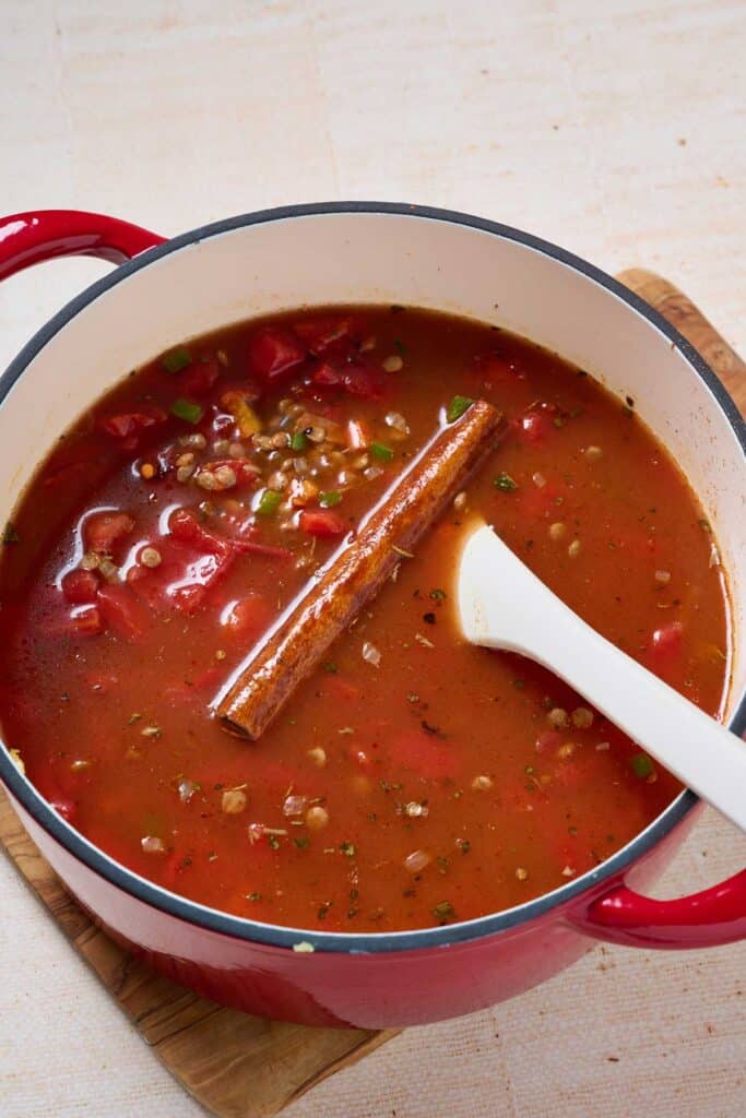 A pot of lentil chili simmering.