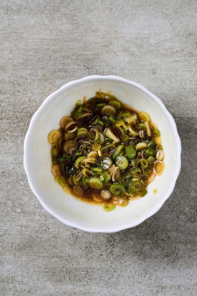a bowl with sliced scallion oil