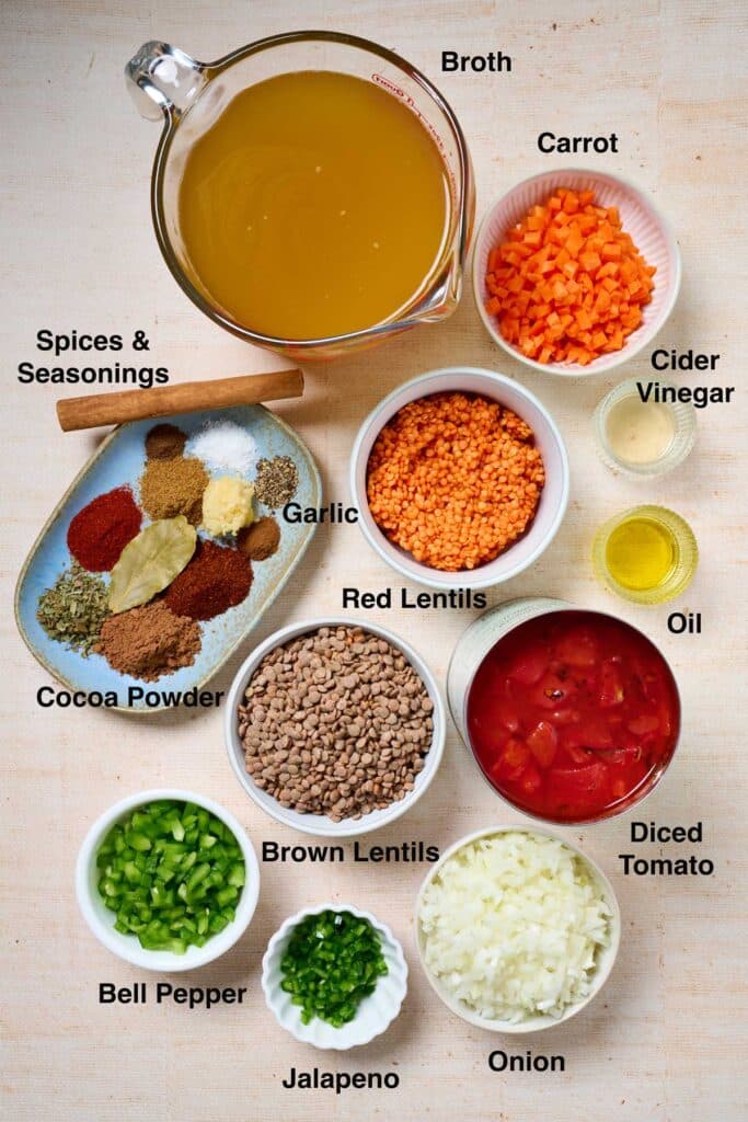 Ingredients to make lentil chili