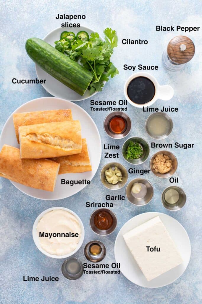 Ingredients to make tofu bahn mi sandwich and spicy mayo spread