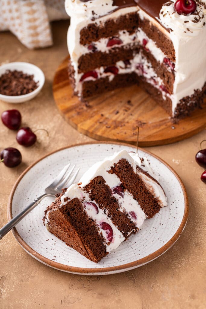 a slice of Black Forest Cake on a plate