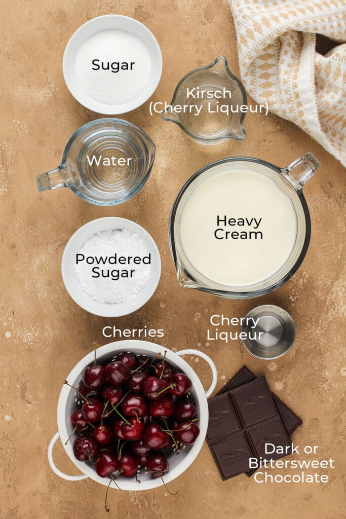 Ingredients to make whipped cream frosting, chocolate ganache and cherry syrup