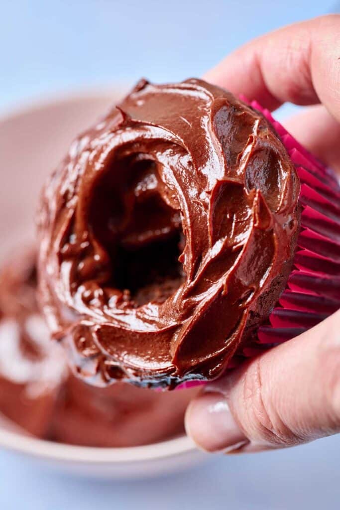 Chocolate covered cupcake with an indentention in the middle