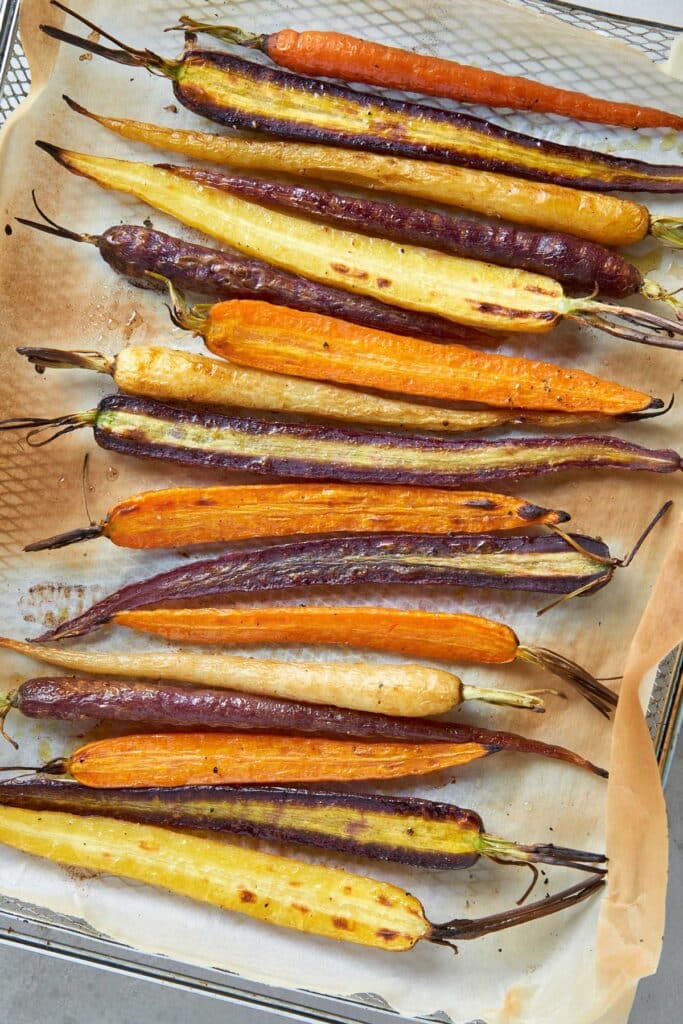 Perfectly roasted carrots on a pan