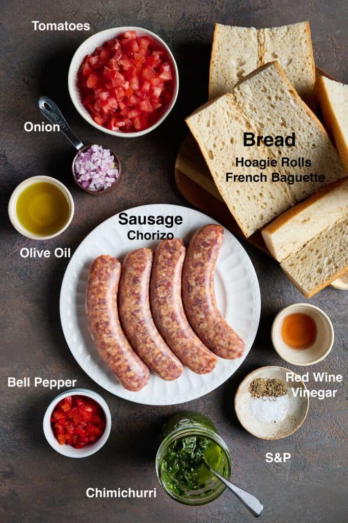 Ingredients to make Choripan - an Argentinian sausage sandwich
