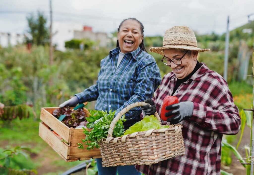 Two women laugh together in a community garden, each carrying containers overflowing with freshly harvested vegetables including lettuce, herbs, and a red bell pepper.
