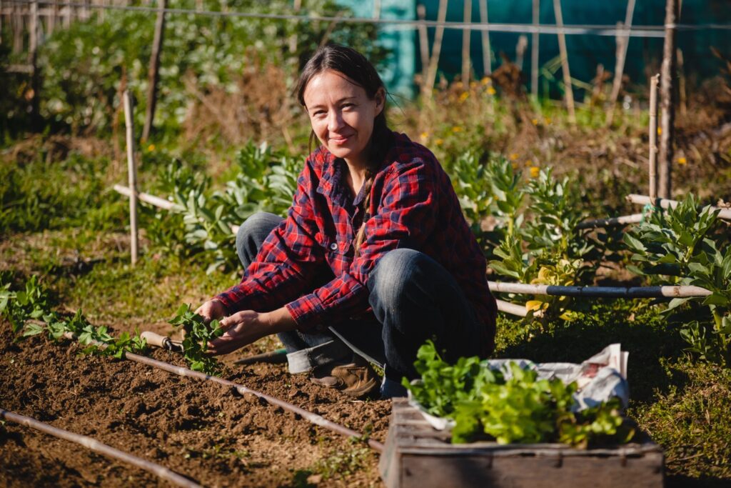 A woman in a plaid shirt crouches in a sunny garden plot, gently tending to small seedlings in the soil, with a wooden crate of leafy greens beside her.