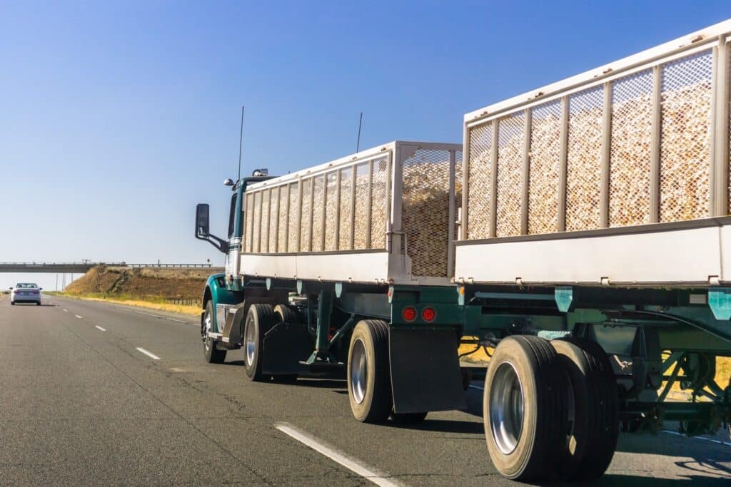 A large commercial truck hauling an open-top trailer loaded with bulk grain travels down a highway under a clear blue sky.