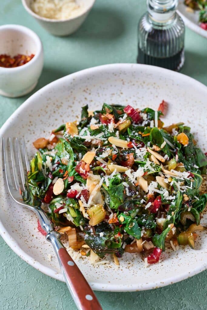 A plate filled with sautéed rainbow chard