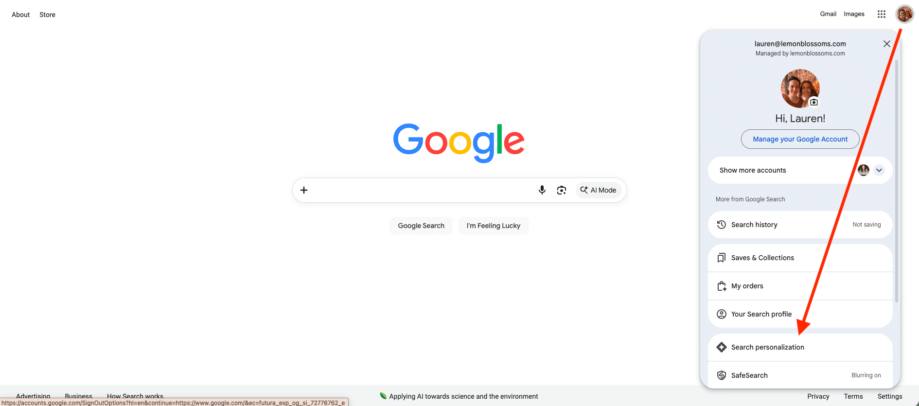 The Google profile menu showing the Search personalization option.