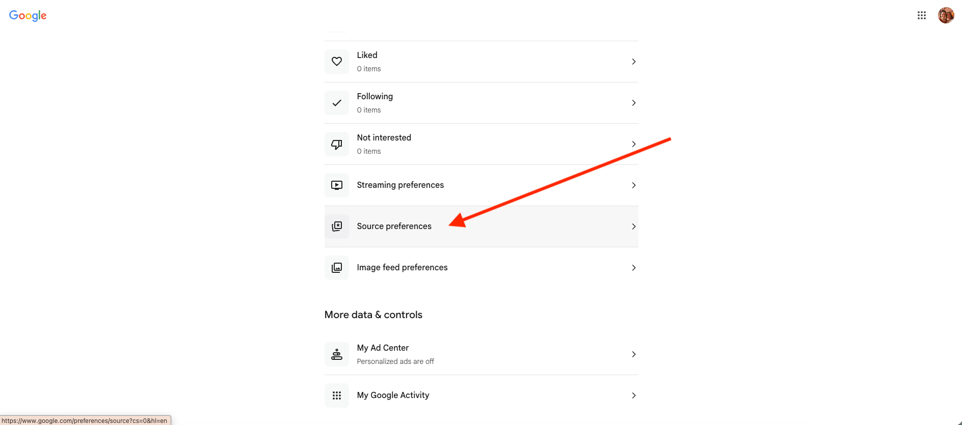 The Google settings page showing the Source preferences option.