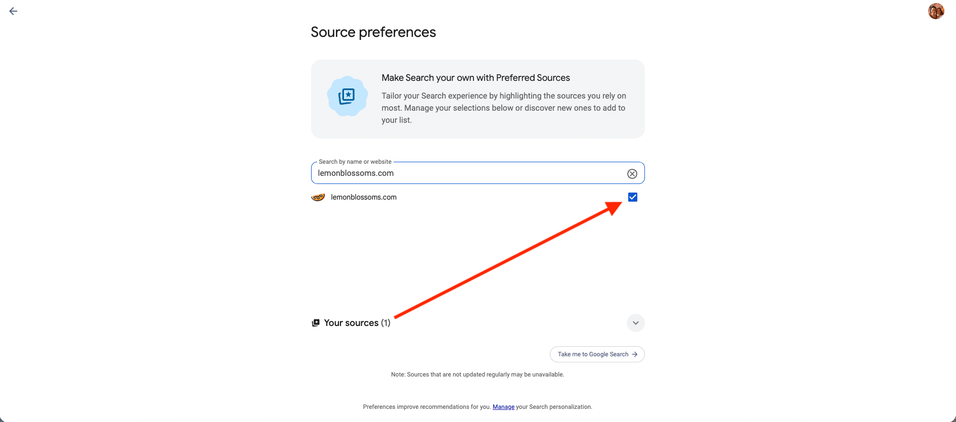 The Google source preferences screen with Lemon Blossoms searched and the checkbox ready to select.