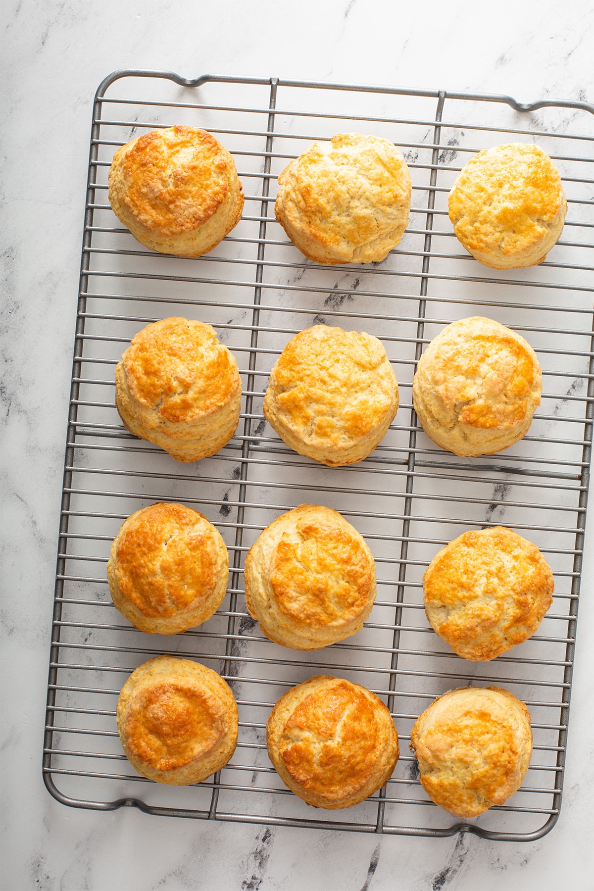 Golden brown biscuits on a cooling rack