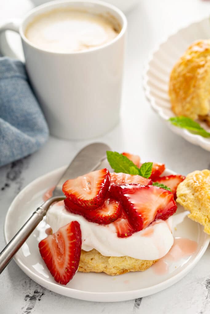 Assembled strawberry shortcake on a plate