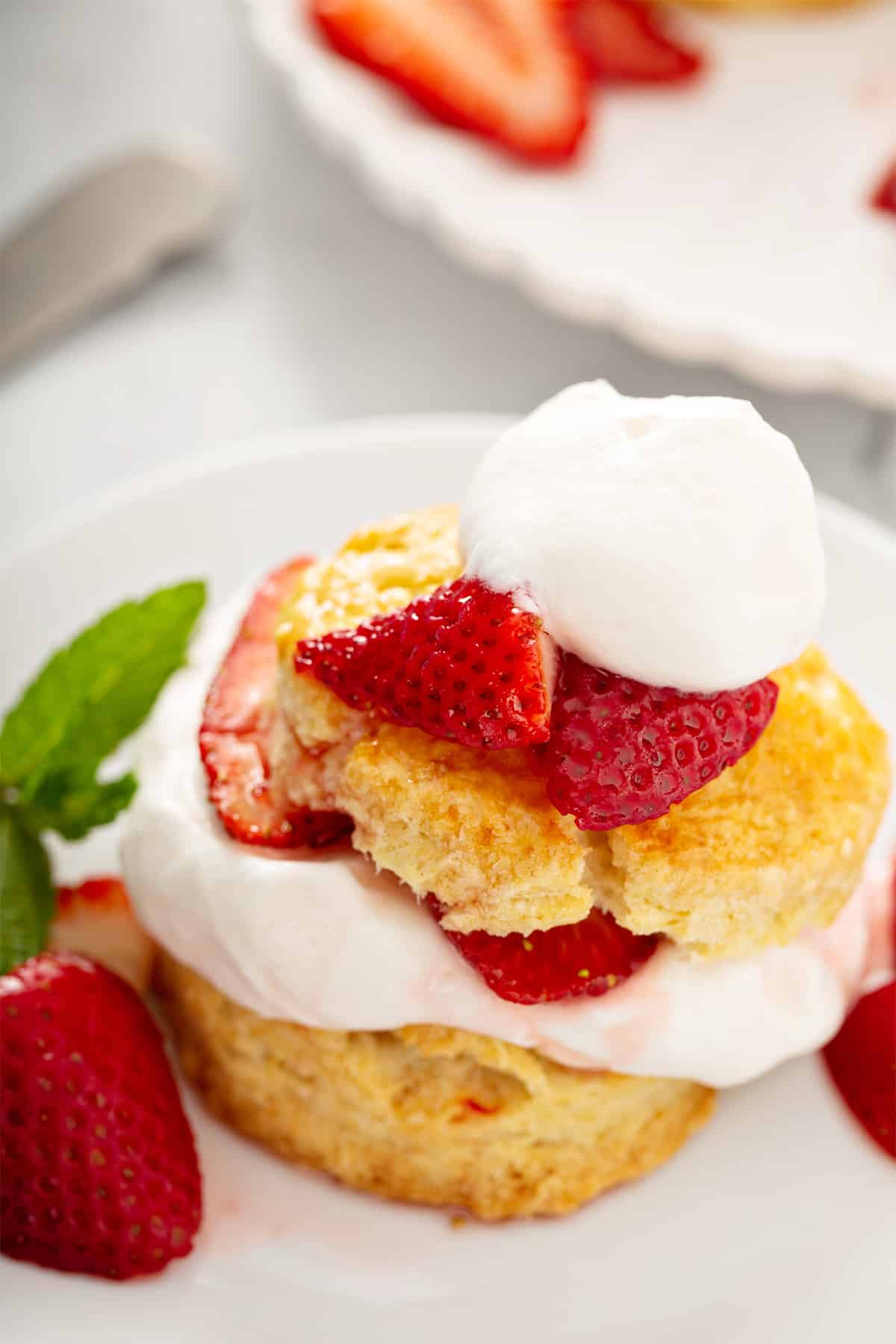 Classic strawberry shortcake with homemade whipped cream on a plate