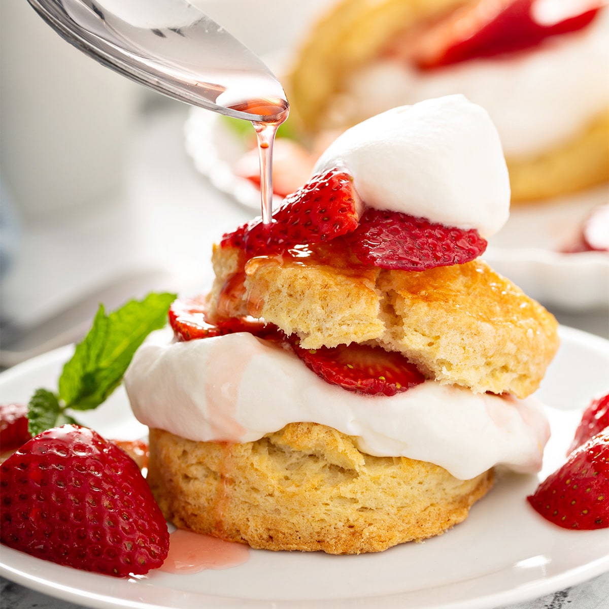 Strawberry Shortcake with Homemade Whipped Cream garnished with fresh strawberries and mint
