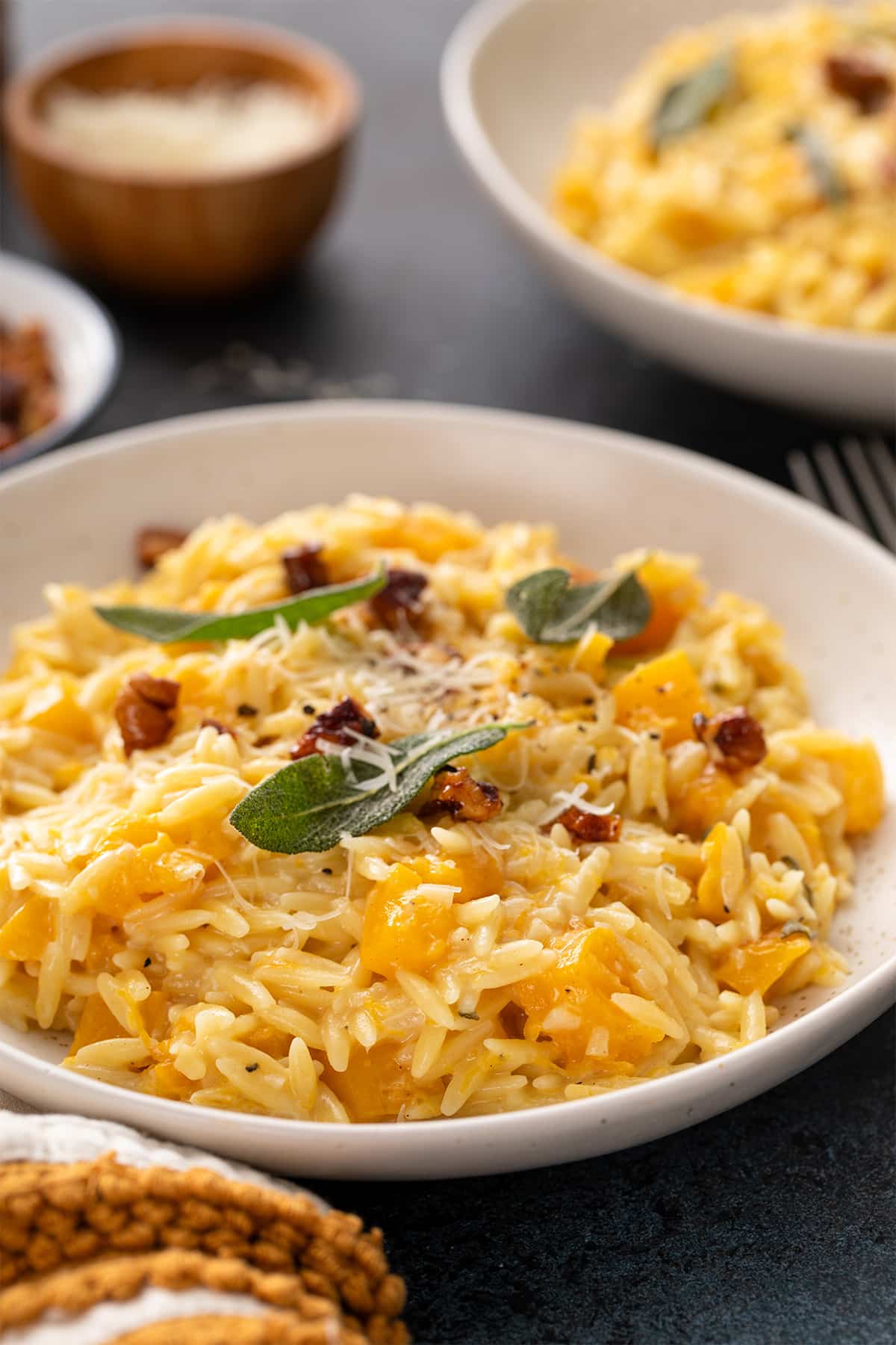 Close-up of a bowl of creamy butternut squash orzo with fried sage and candied pecans.