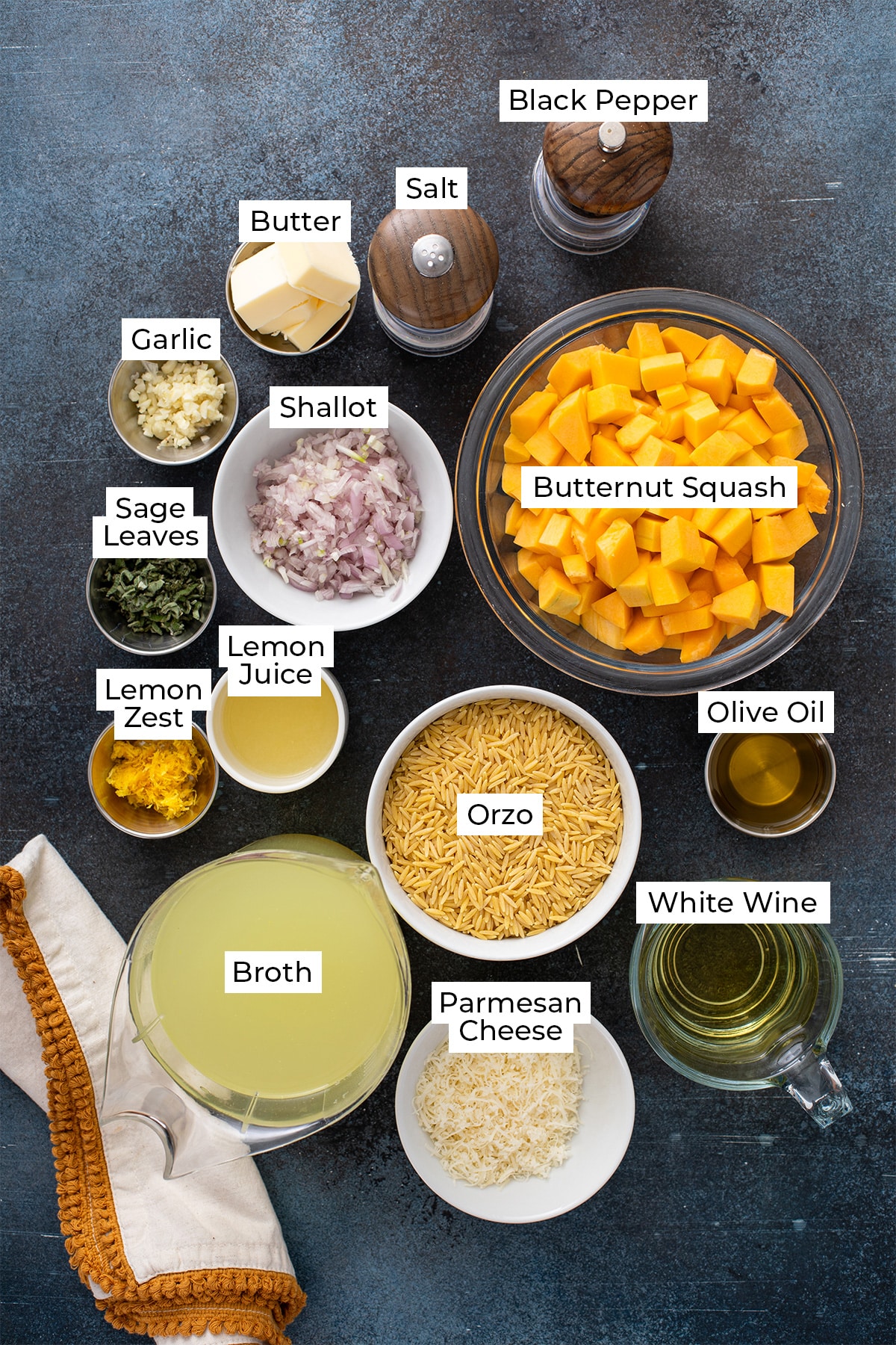 Ingredients for butternut squash orzo, including butternut squash, orzo, butter, shallot, garlic, sage, lemon, white wine, broth and Parmesan.