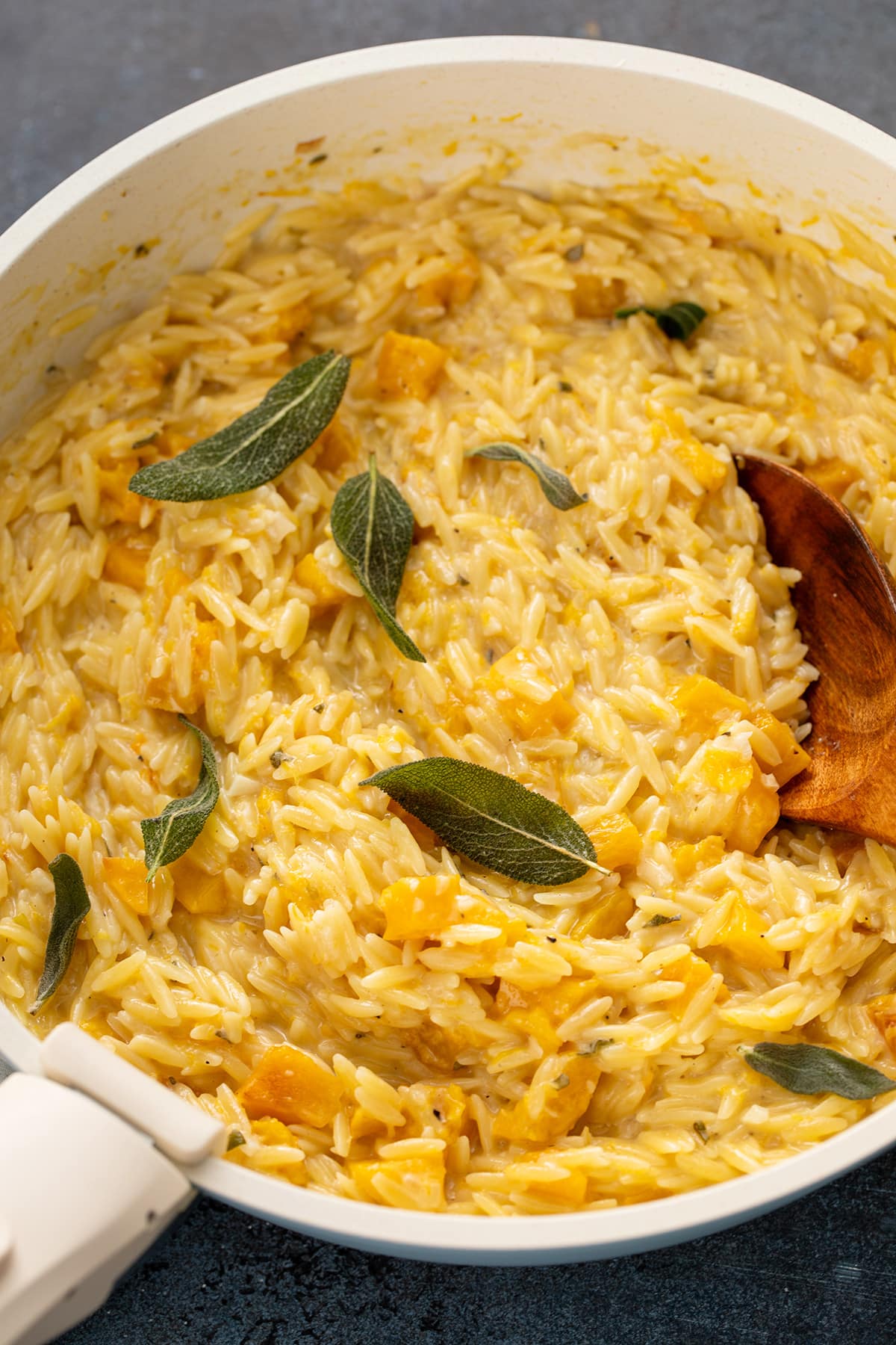 Creamy butternut squash orzo topped with fried sage leaves in a skillet.