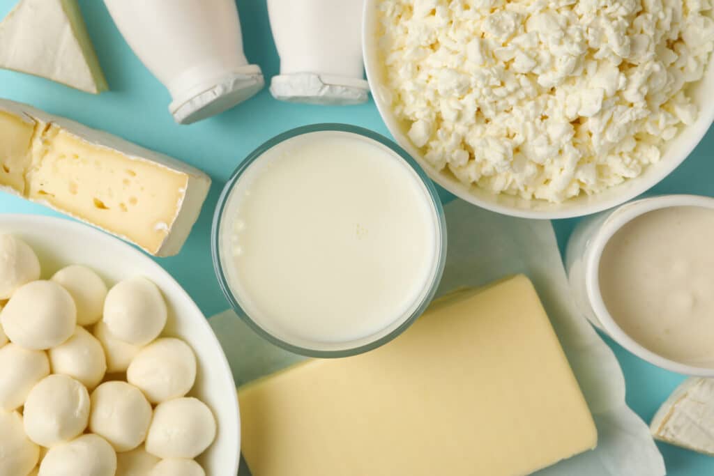 Overhead view of milk, cottage cheese, mozzarella balls, butter and soft cheeses on a blue background.