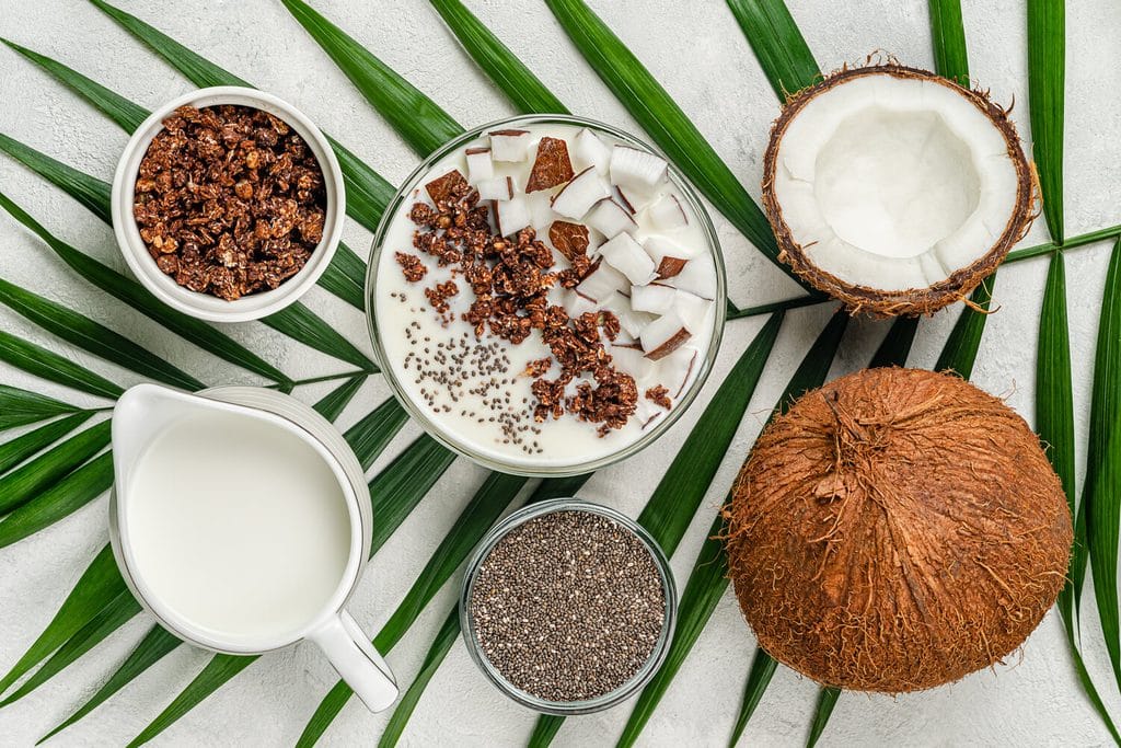 A pitcher of coconut milk and a bowl of coconut yogurt with chia, granola and fresh coconut halves.
